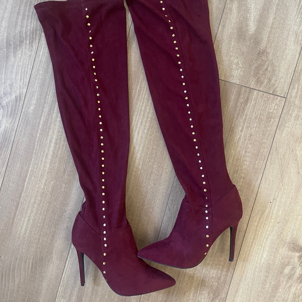 Chic Burgundy Studded Over the Knee Boots